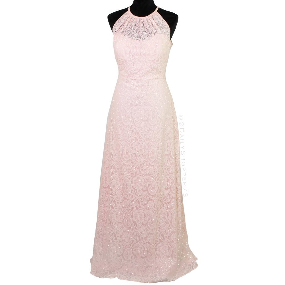 Dessy Collection Women's Halter Top Sparkly Pastel Pink Lace Gown